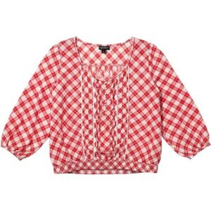 Red & White Cottagecore Gingham Plaid Lace Trim Ruffle‎ Boho Blouse XXL